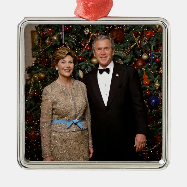 American President George Bush Christmas Card Metal Ornament (Front)