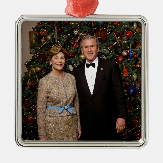 American President George Bush Christmas Card Metal Ornament (Front)