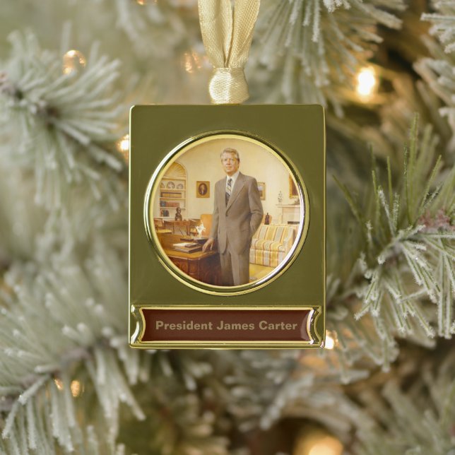 American President James Earl Carter Oval Office Gold Plated Banner Ornament (Tree)