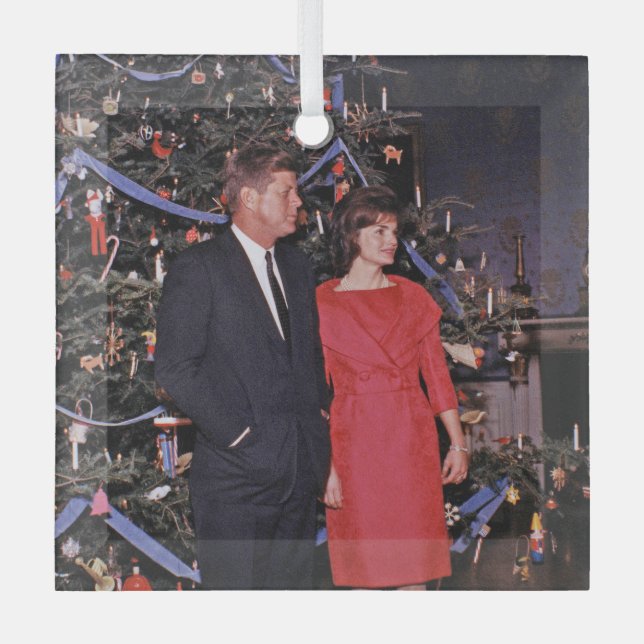 American President John Kennedy Christmas Card Glass Ornament (Front)