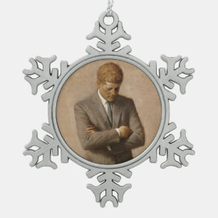 American President John Kennedy Painted Portrait  Snowflake Pewter Christmas Ornament