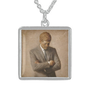 American President John Kennedy Painted Portrait  Sterling Silver Necklace