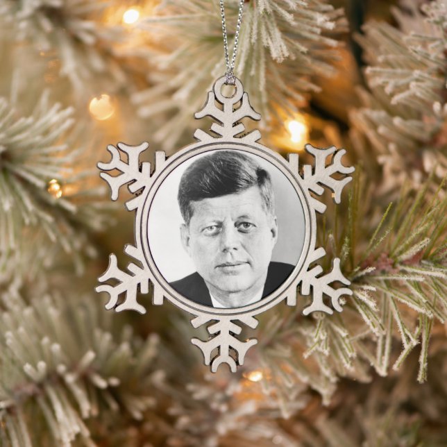 American President John Kennedy Presidential Photo Snowflake Pewter Christmas Ornament (Tree)