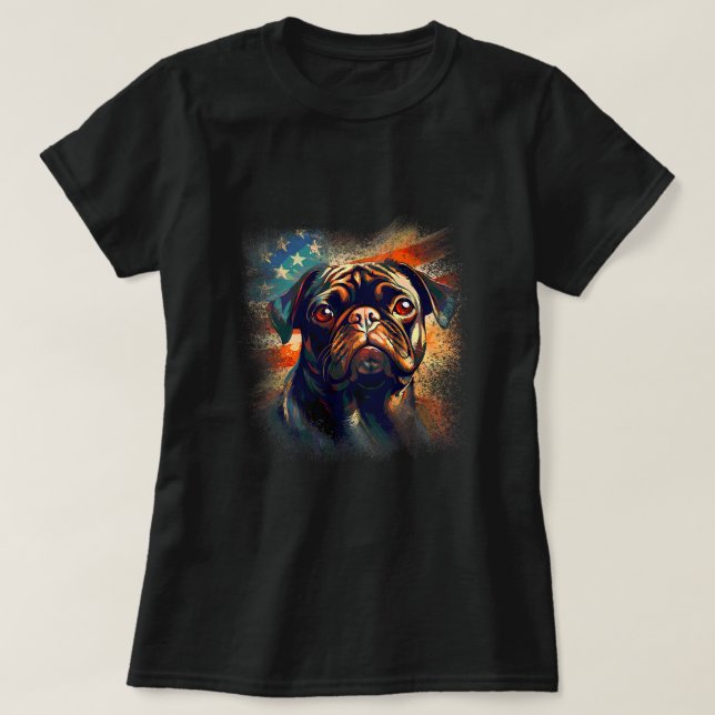 American Pug with Flag in the background Patriotic T-Shirt (Design Front)