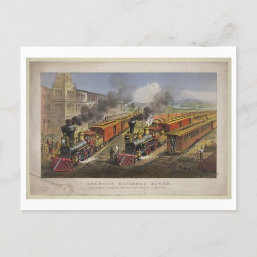 American Railroad Scene 1874 Currier  Ives Postcard