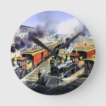 American Railroad Steam Engine Trains Round Clock by EDDESIGNS at Zazzle