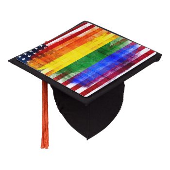 American Rainbow Flag | Wood Grain & Paint Strokes Graduation Cap Topper by SnappyDressers at Zazzle
