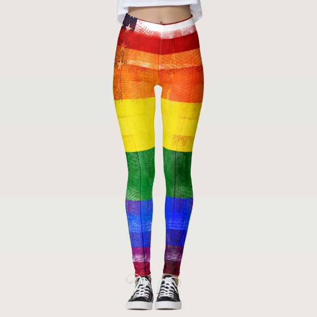 American Rainbow Flag | Wood Grain & Paintstrokes Leggings (Front)