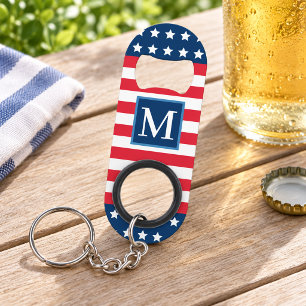 American Red White Blue Custom Monogram Initial Keychain Bottle Opener