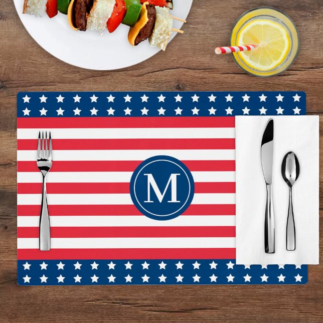American Red White Blue Custom Monogram Initial Placemat (Creator Uploaded)