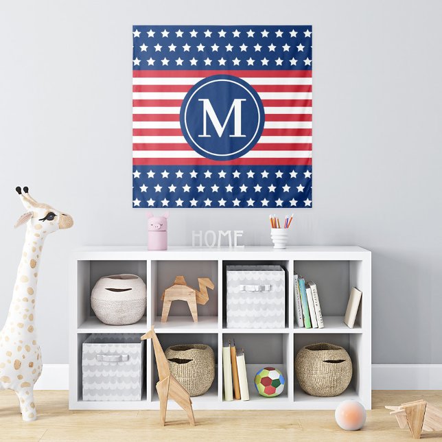 American Red White Blue Custom Monogram Initial Tapestry (Creator Uploaded)