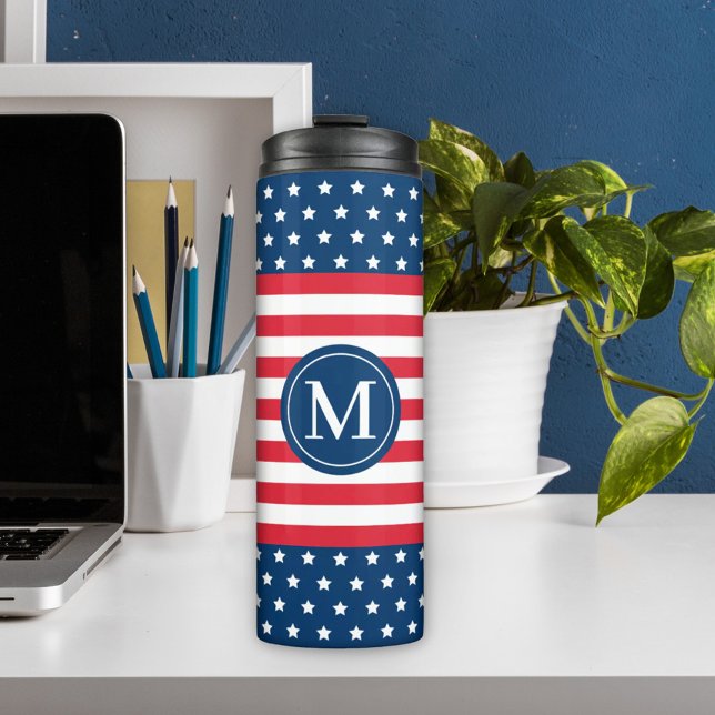 American Red White Blue Custom Monogram Initial Thermal Tumbler (Creator Uploaded)