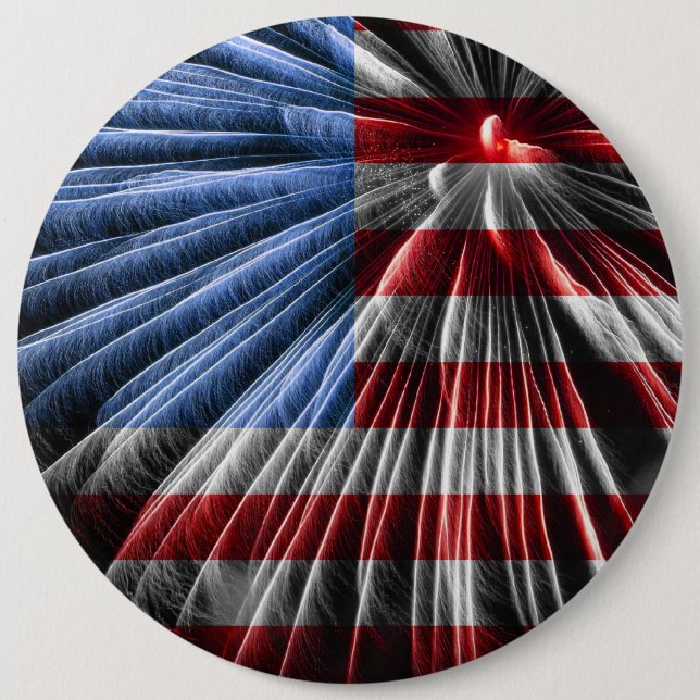 American Red White & Blue Flag Over Fireworks Button (Front)