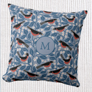American Robin Apple Blossom Bird Flower Monogram Throw Pillow