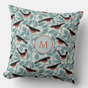 American Robin Apple Blossom Bird Flower Monogram Throw Pillow