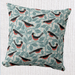 American Robin Apple Blossom Bird Flower Throw Pillow