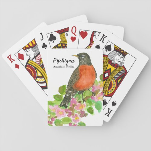 American Robin Bird Apple Blossom Watercolor Poker Cards