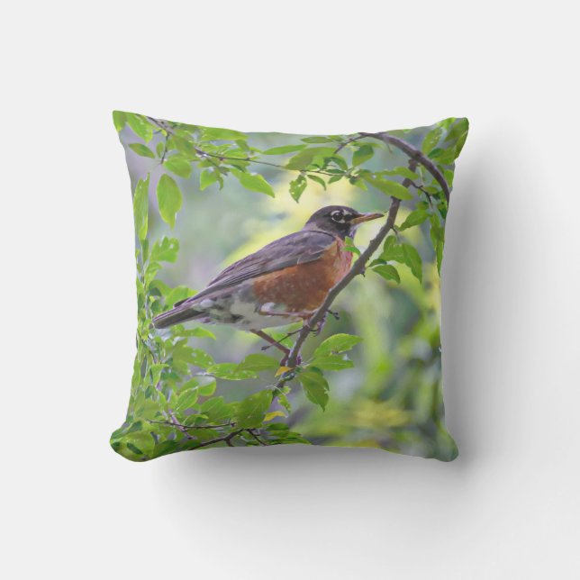 American Robin Bird in Tree Green Leaves Outdoor Pillow (Front)