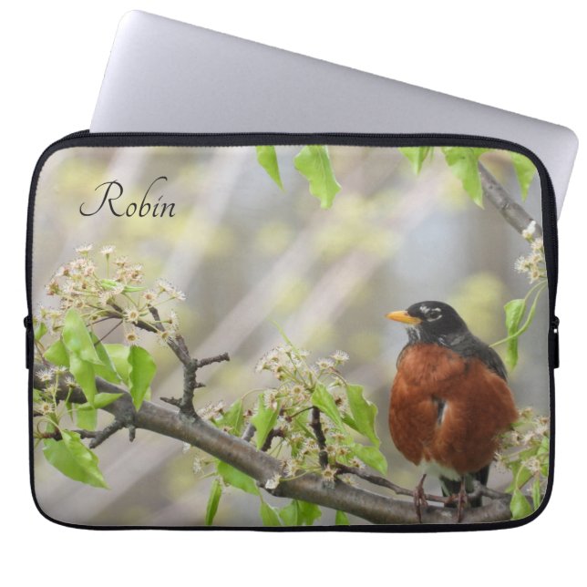American Robin Spring Blossoms *personalize* Laptop Sleeve (Front)