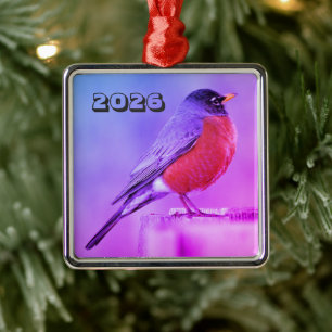 American Robin Standing on Fence Post Wintry Day Metal Ornament