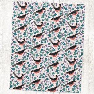 American Robin Violet Anemone Bird Flower Fleece Blanket