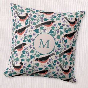 American Robin Violet Anemone Bird Flower Monogram Throw Pillow