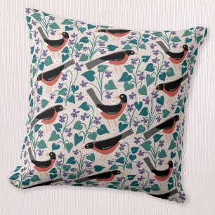 American Robin Violet Anemone Bird Flower Throw Pillow