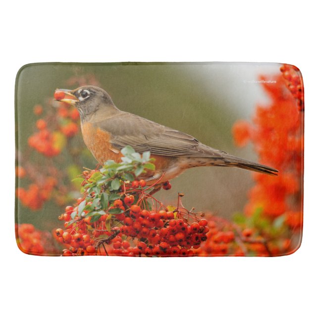American Robin with a Pyracantha Pomme Bathroom Mat (Front)