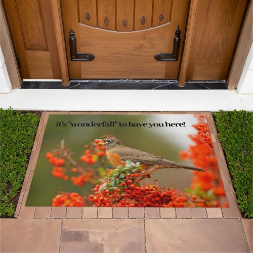 American Robin with Red Berry Autumn Nature Scene Doormat