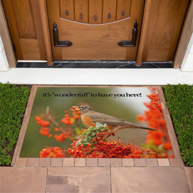 American Robin with Red Berry Autumn Nature Scene Doormat (Outdoor)