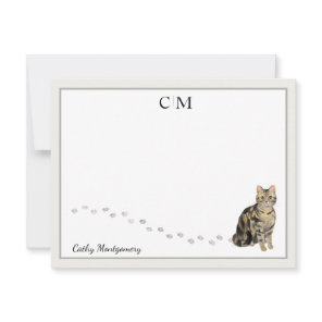 American Short Hair Brown Tabby Cat Monogram  Name Note Card