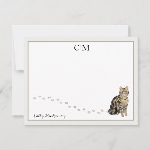 American Short Hair Brown Tabby Cat Monogram  Name Note Card