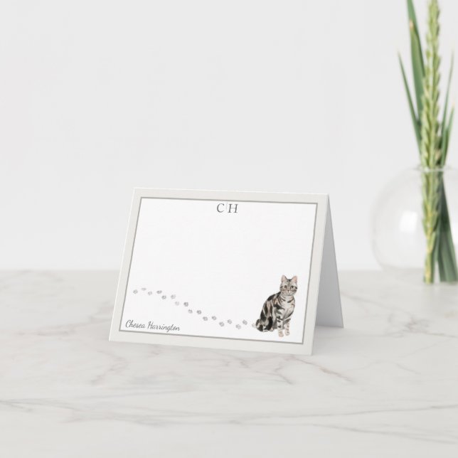 American Short Hair Cat Gray Border Monogram Name Thank You Card (Front)