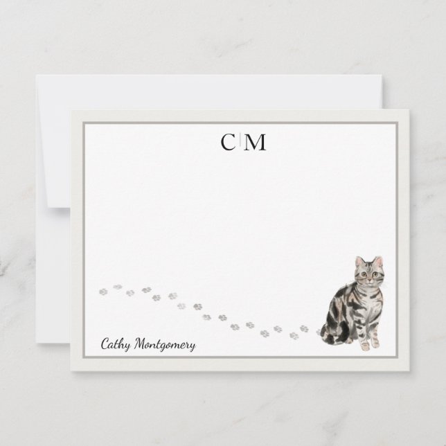 American Short Hair Cat Gray Frame Monogram  Name Note Card (Front)