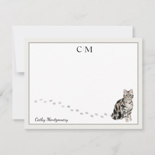 American Short Hair Cat Gray Frame Monogram  Name Note Card