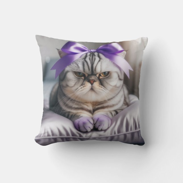 American Shorthair Cat with a Bow Throw Pillow (Front)