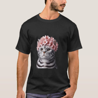American Shorthair Cat with Sakura Crown - Cute Ja T-Shirt