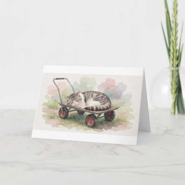 American Shorthair Nap On The Garden Cart Greeting Card