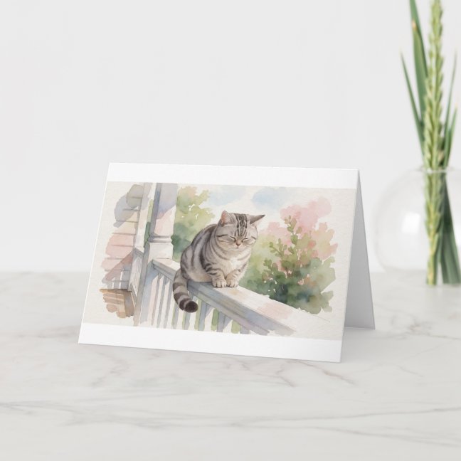 American Shorthair Nap On The Porch Railing Greeti Card