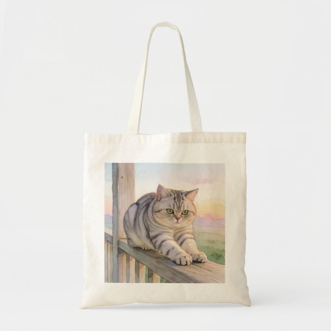 American Shorthair Porch Sunrise Stretch Tote Bag