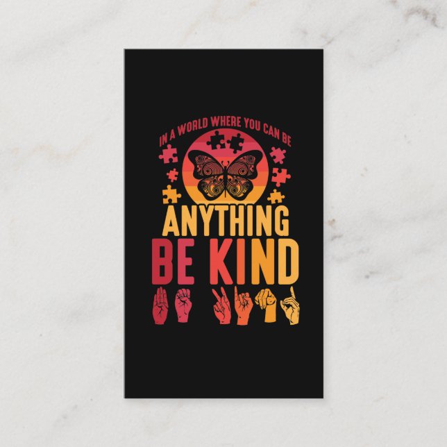 American Sign Language Be Kind Puzzle Butterfly Business Card (Front)