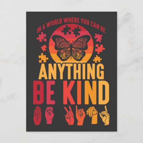 American Sign Language Be Kind Puzzle Butterfly Postcard