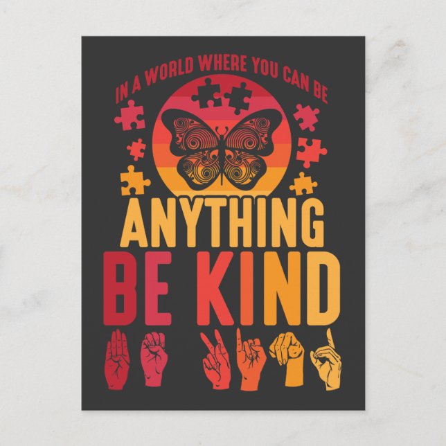 American Sign Language Be Kind Puzzle Butterfly Postcard (Front)
