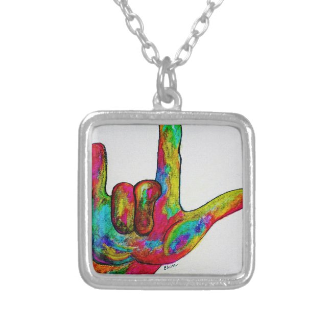 American Sign Language I LOVE YOU Silver Plated Necklace (Front)
