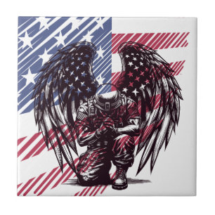 American Soldier Angel Praying USA Flag Art Ceramic Tile
