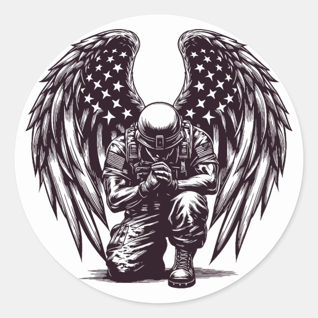 American Soldier Angel Praying USA Flag Art Classic Round Sticker (Front)