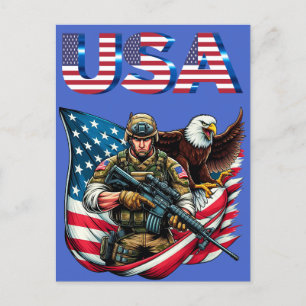 American Soldier Eagle USA Flag Patriotic Art Postcard