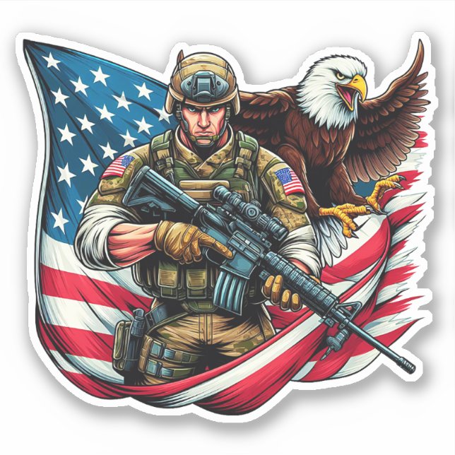 American Soldier Eagle USA Flag Patriotic Art Sticker (Front)