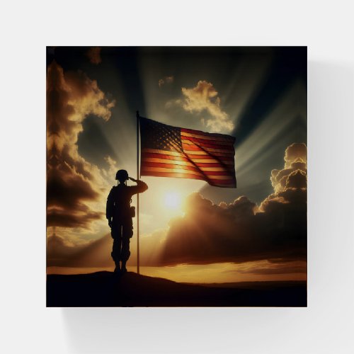 American Soldier Saluting The Flag Paperweight