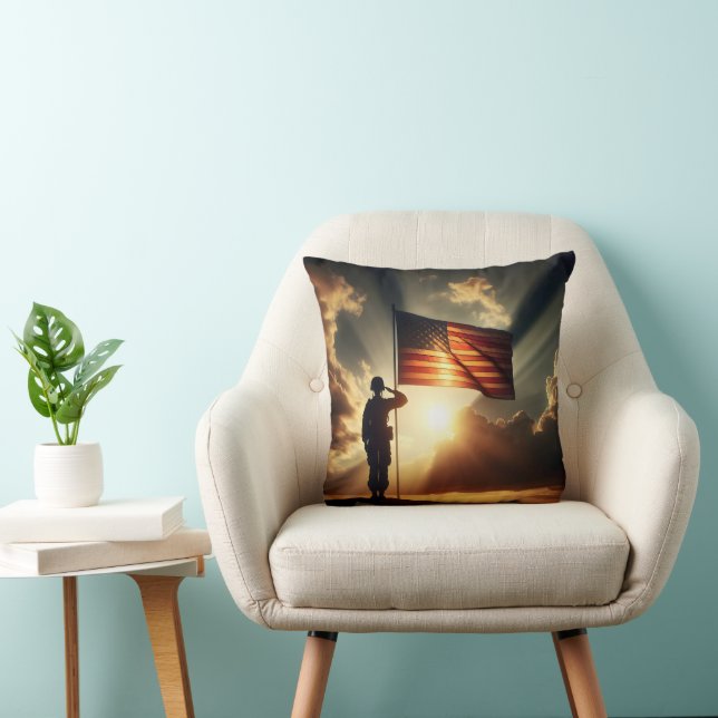 American Soldier Saluting The Flag Throw Pillow (Chair)